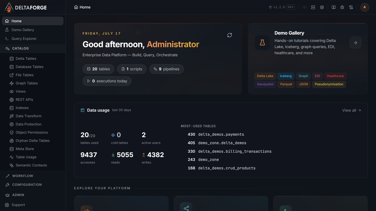 DeltaForge home dashboard with catalog, usage, pipelines, and demos